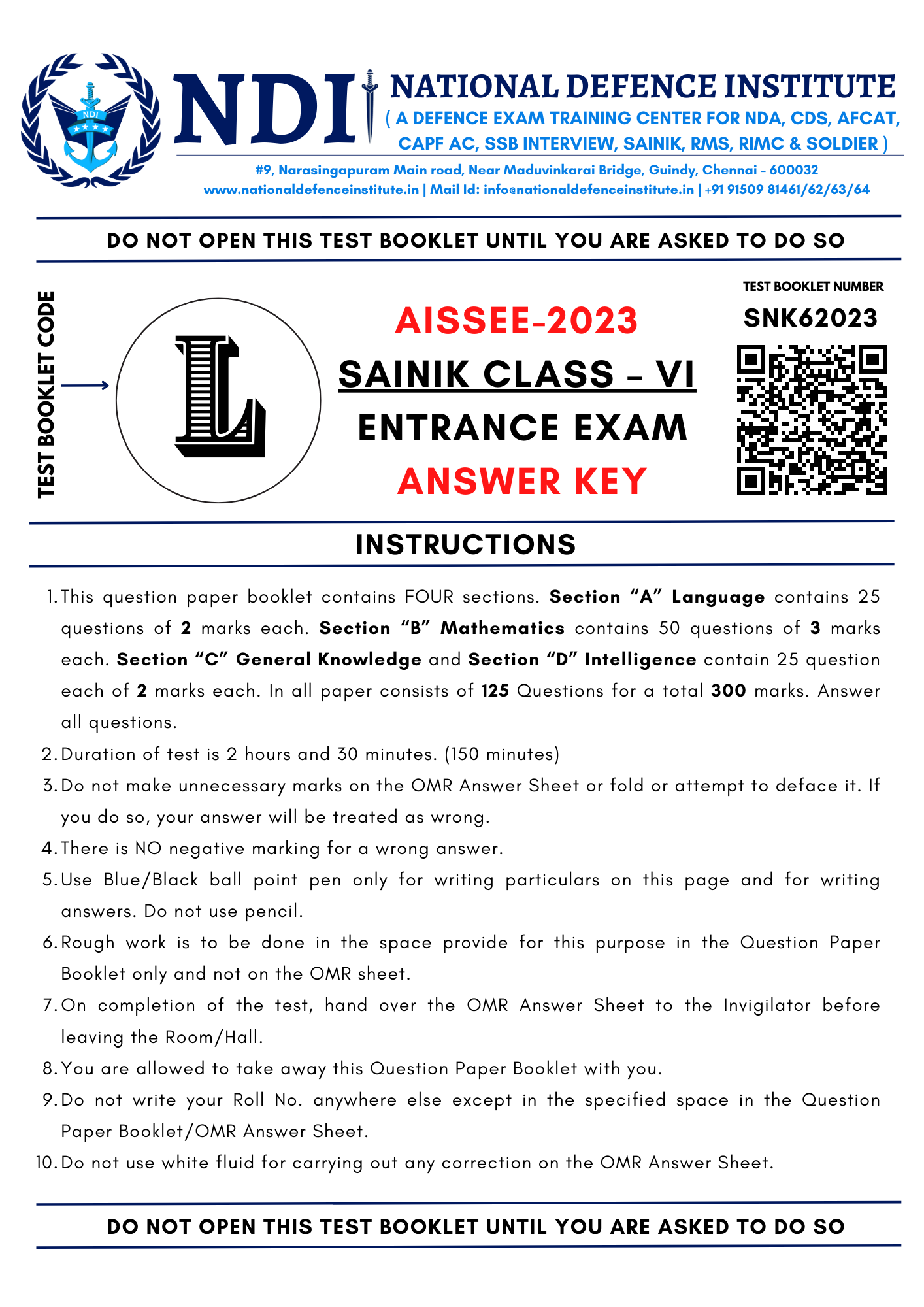 SAINIK 6 2023 QUESTION PAPER WITH ANSWERS (AISSEE6 2023)